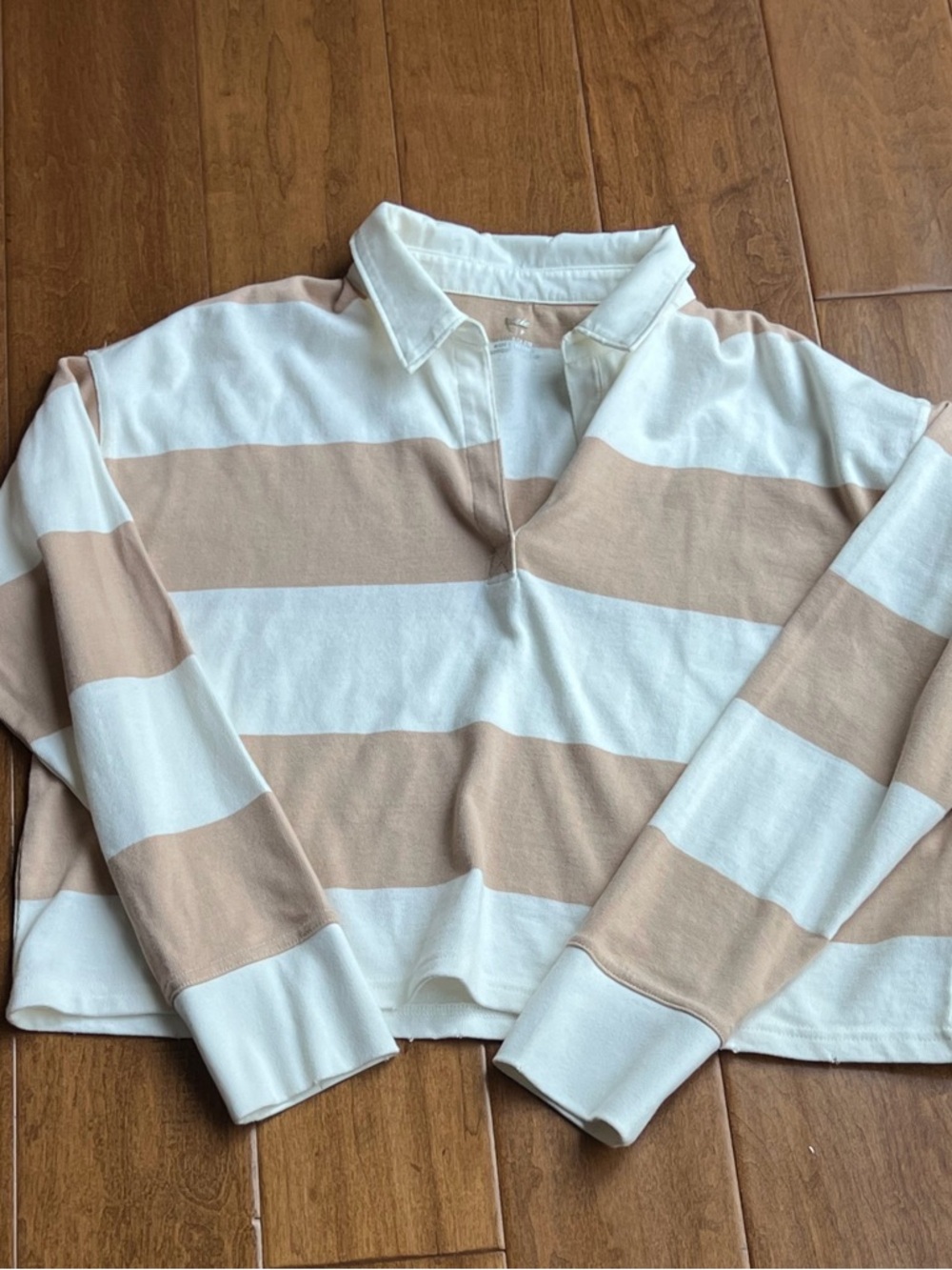 Aerie Striped Rugby Pullover in Cream and Tan